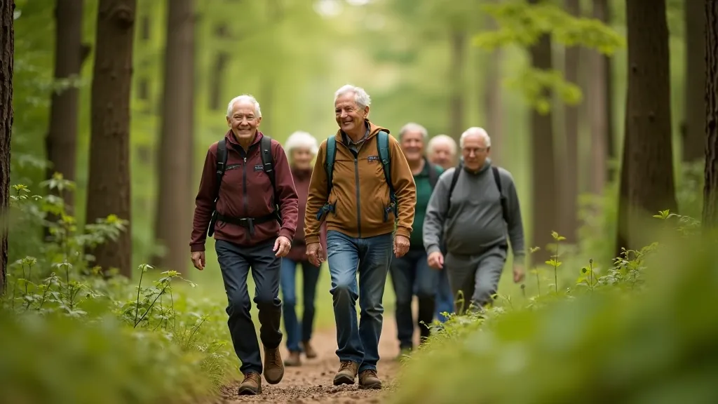 Seniori pārgājienā pa meža taku, aktīva grupas pārgājiena fotogrāfija